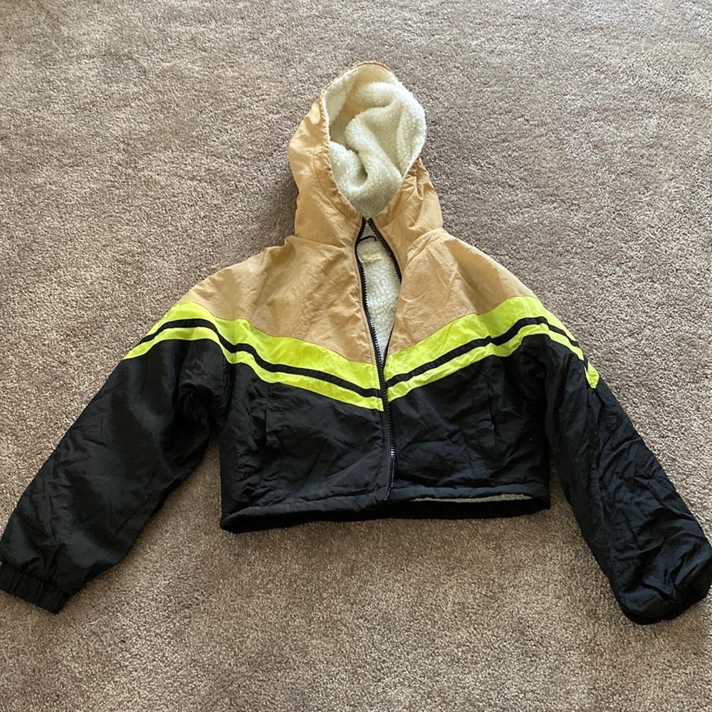 LA Hearts Cropped Sherpa Lined Hooded Jacket SIZE S Colorblock Black Tan Neon